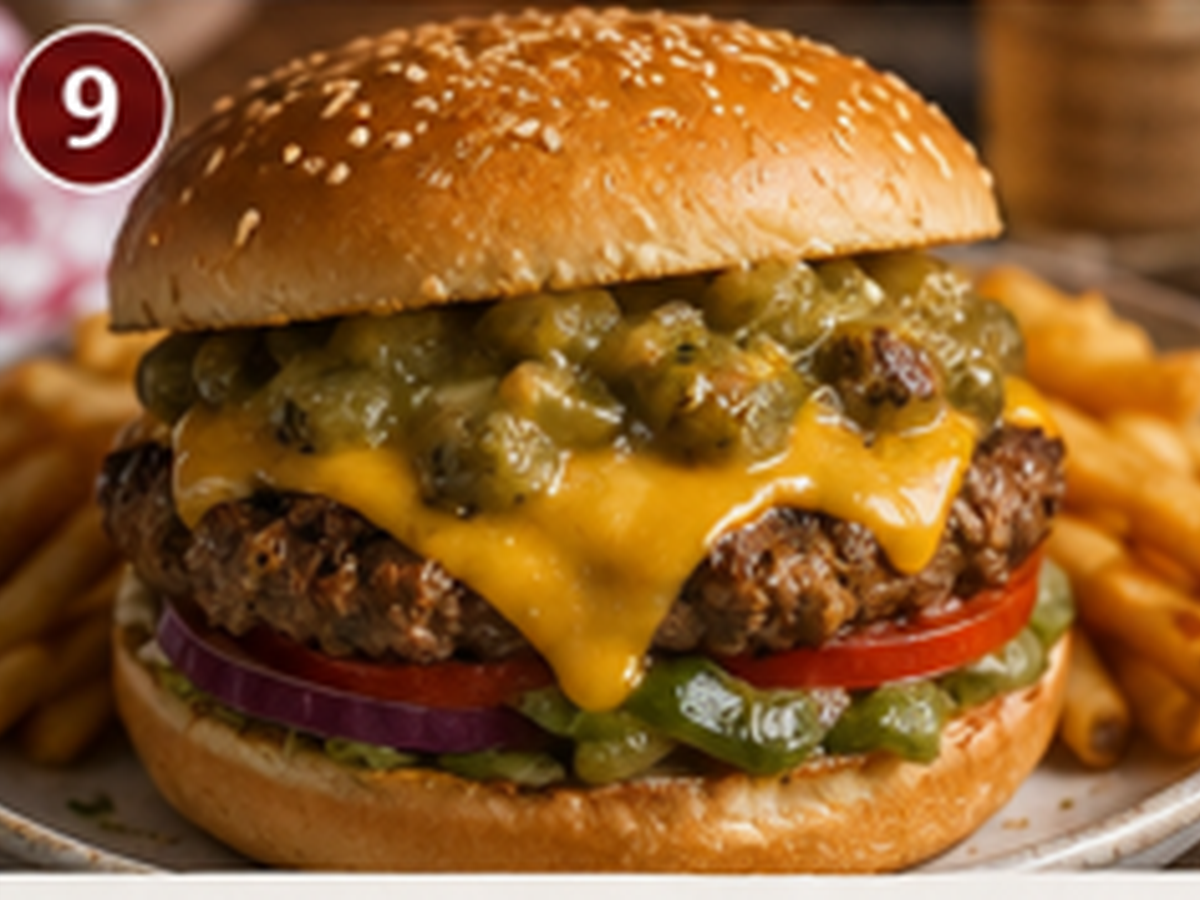 Pueblo Chile Cheeseburger topped with roasted Pueblo chiles and melted cheese