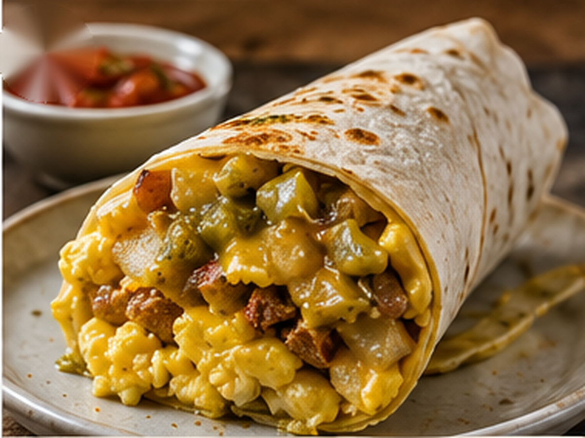 Green Chile Breakfast Burrito with eggs, potatoes, cheese, and Pueblo Green Chile