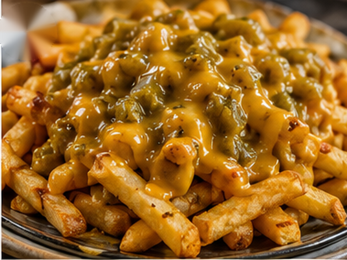 Pueblo Chile Cheese Fries topped with melted cheese and Pueblo Green Chile