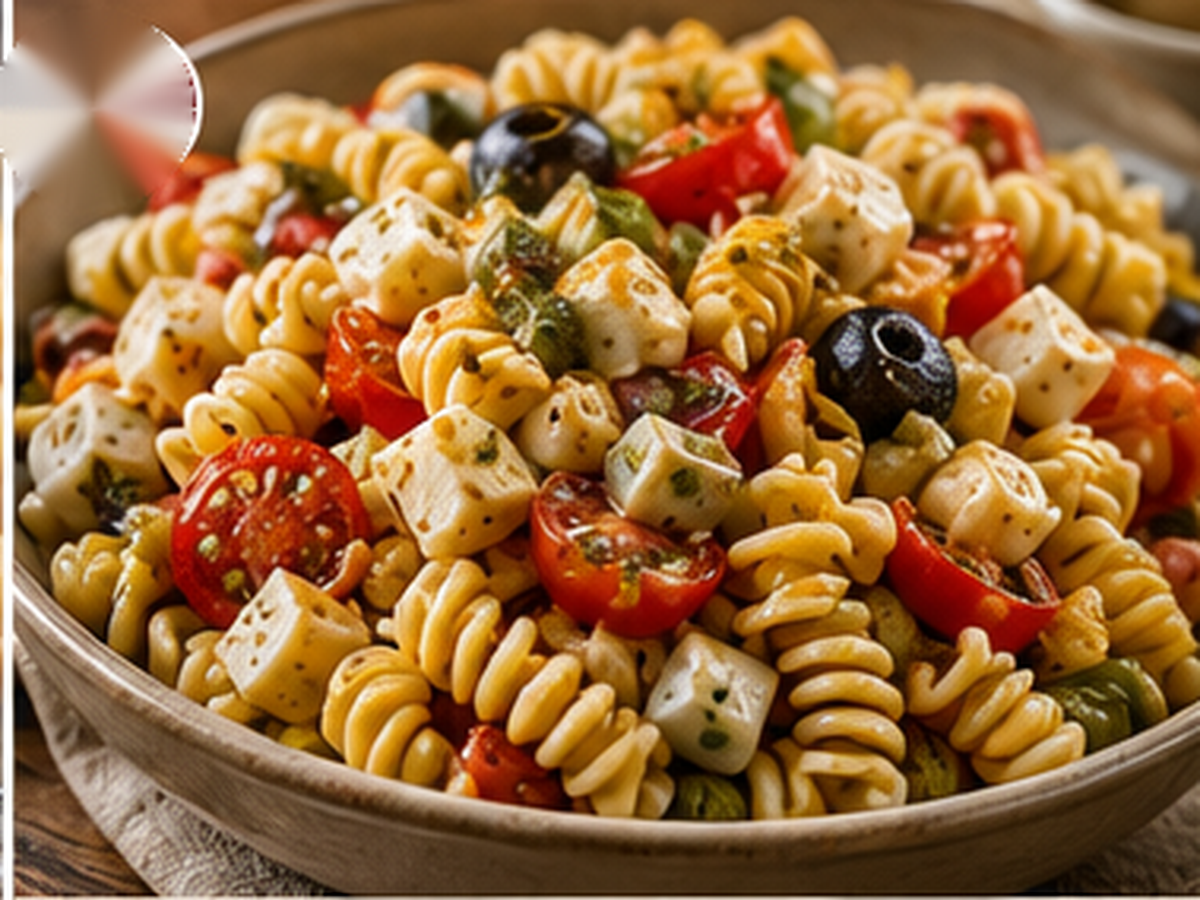 Pueblo Picnic Pasta Salad with vegetables, cheese, olives, and Italian dressing